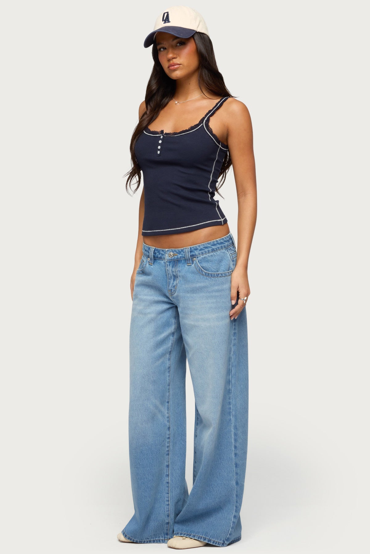 Contrast Stitched Lacey Henley Top