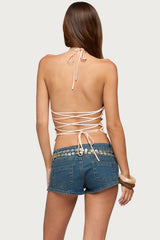 Catia Backless Sequin Mesh Halter Top