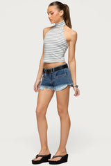 Meshy Studded Denim Micro Shorts