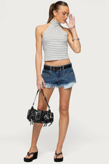 Meshy Studded Denim Micro Shorts