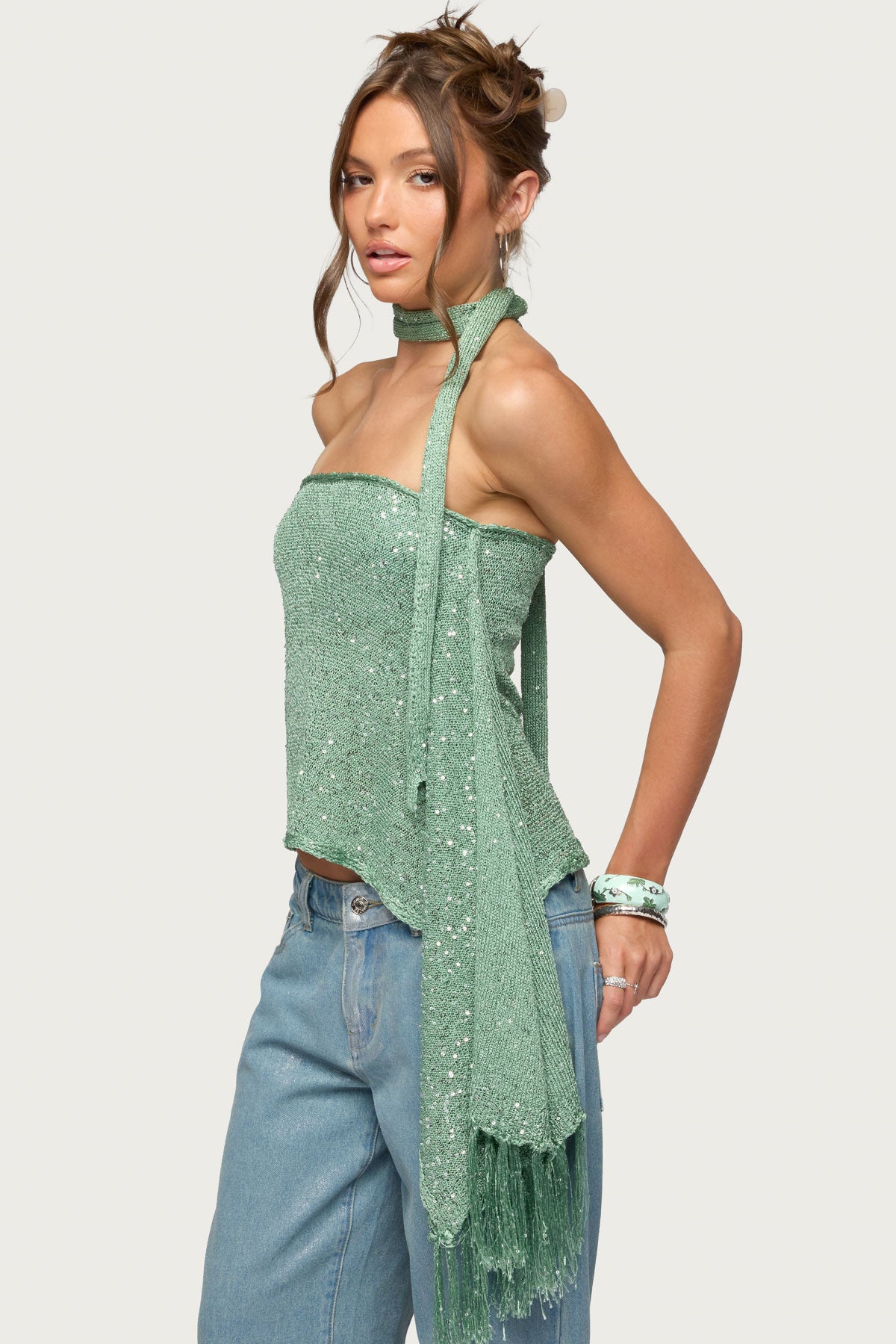 Two Piece Shiny Knit Scarf Top