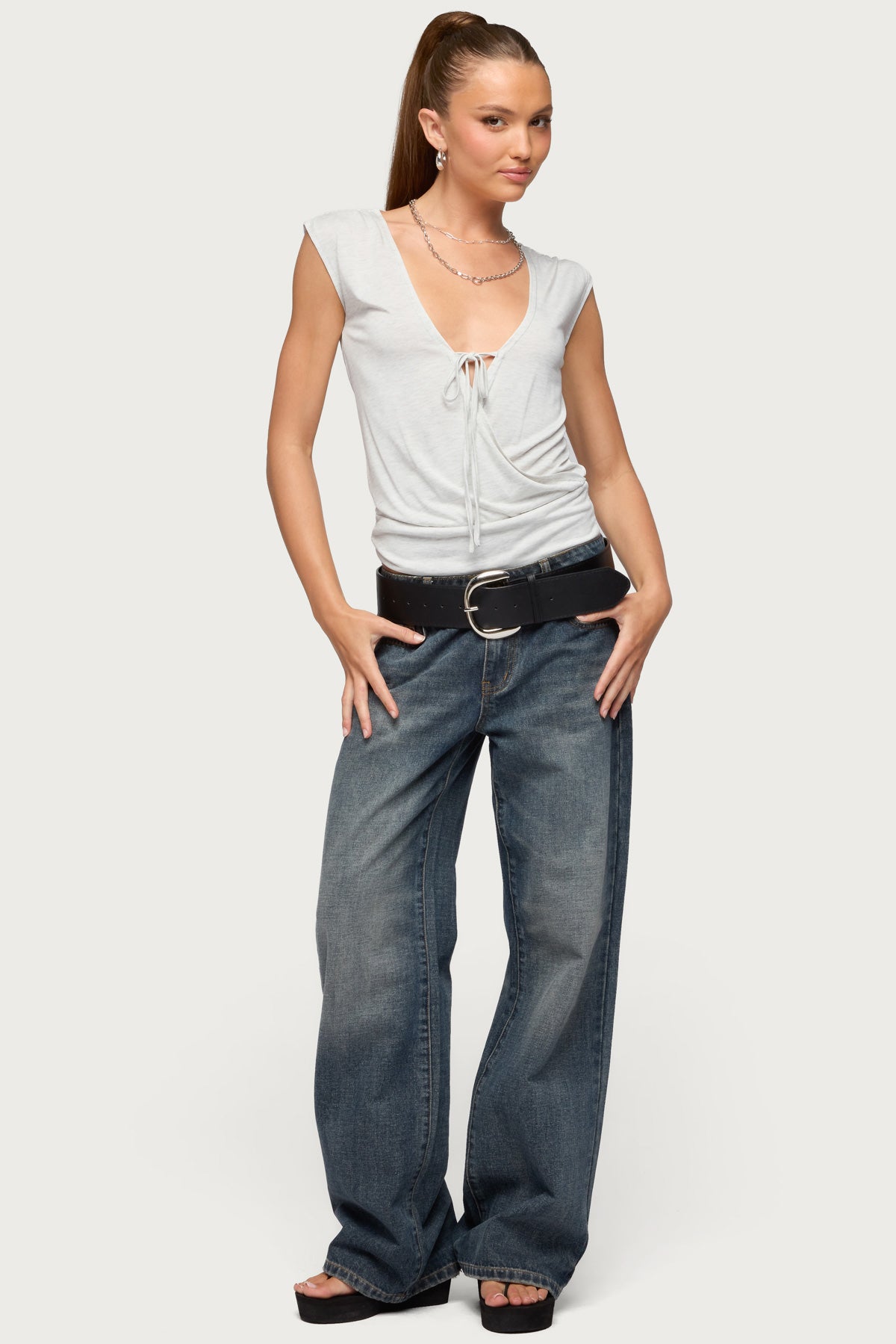 Tie Front V Neck Wrap Top