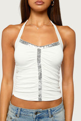 Mook Ruched Sequin Halter Top