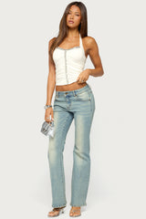 Mook Ruched Sequin Halter Top