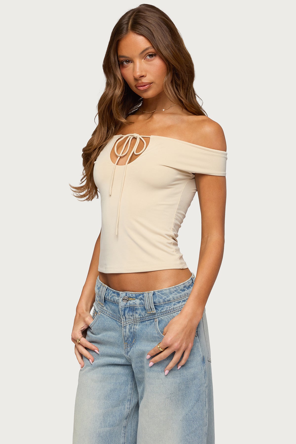 Kaite Off Shoulder Cutout Tie Top