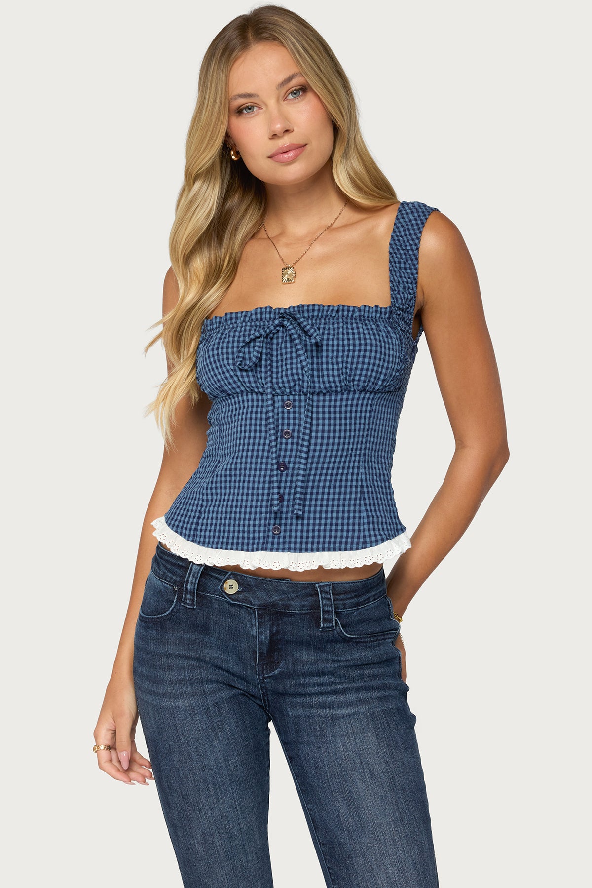 Zeffie Textured Gingham Tie Front Top – edikted