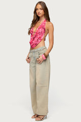 Floral Mesh Backless Cowl Neck Top