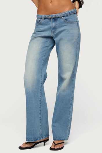 Belted Low Rise Straight Leg Jeans