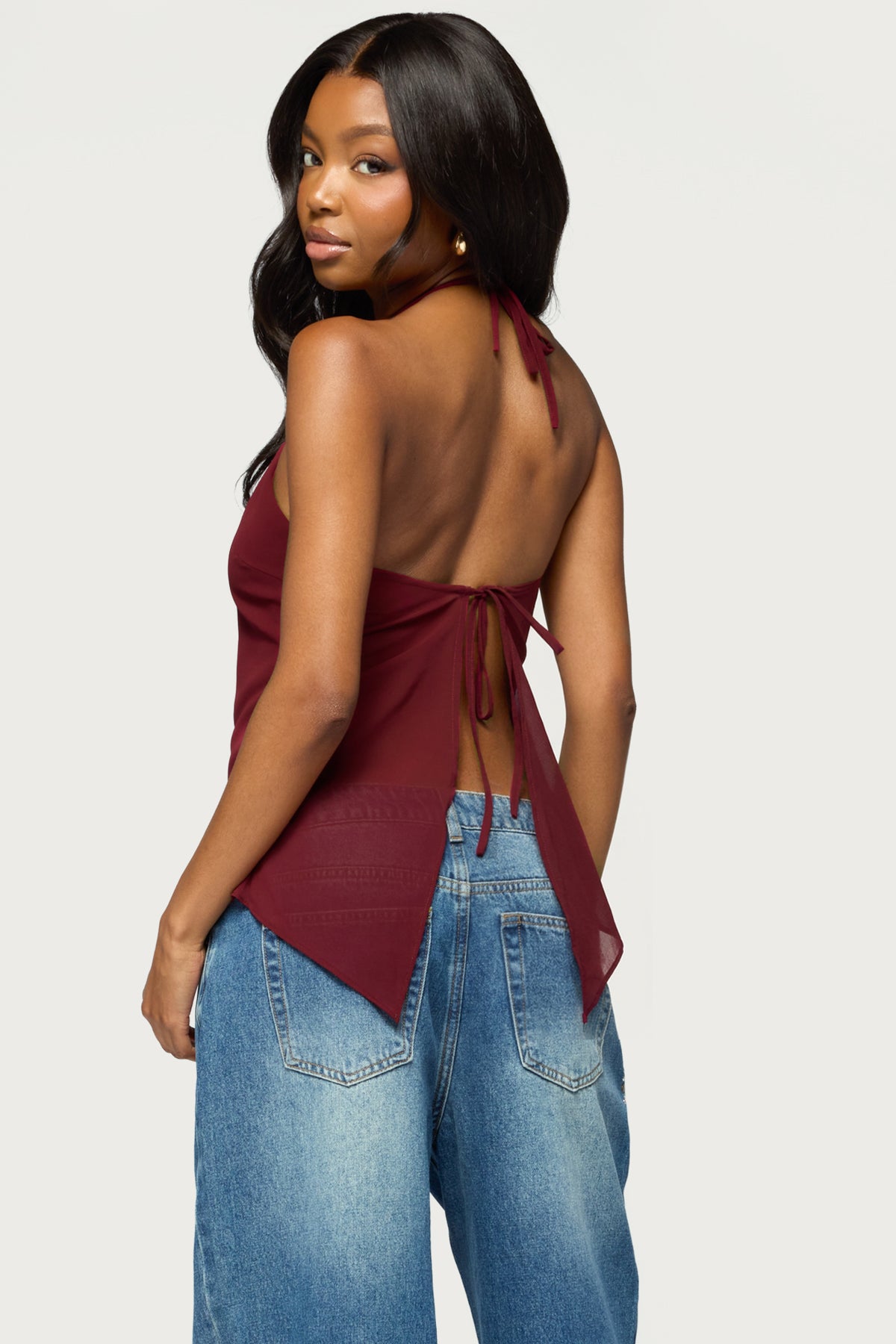 Chiffon Split Open Back Halter Top
