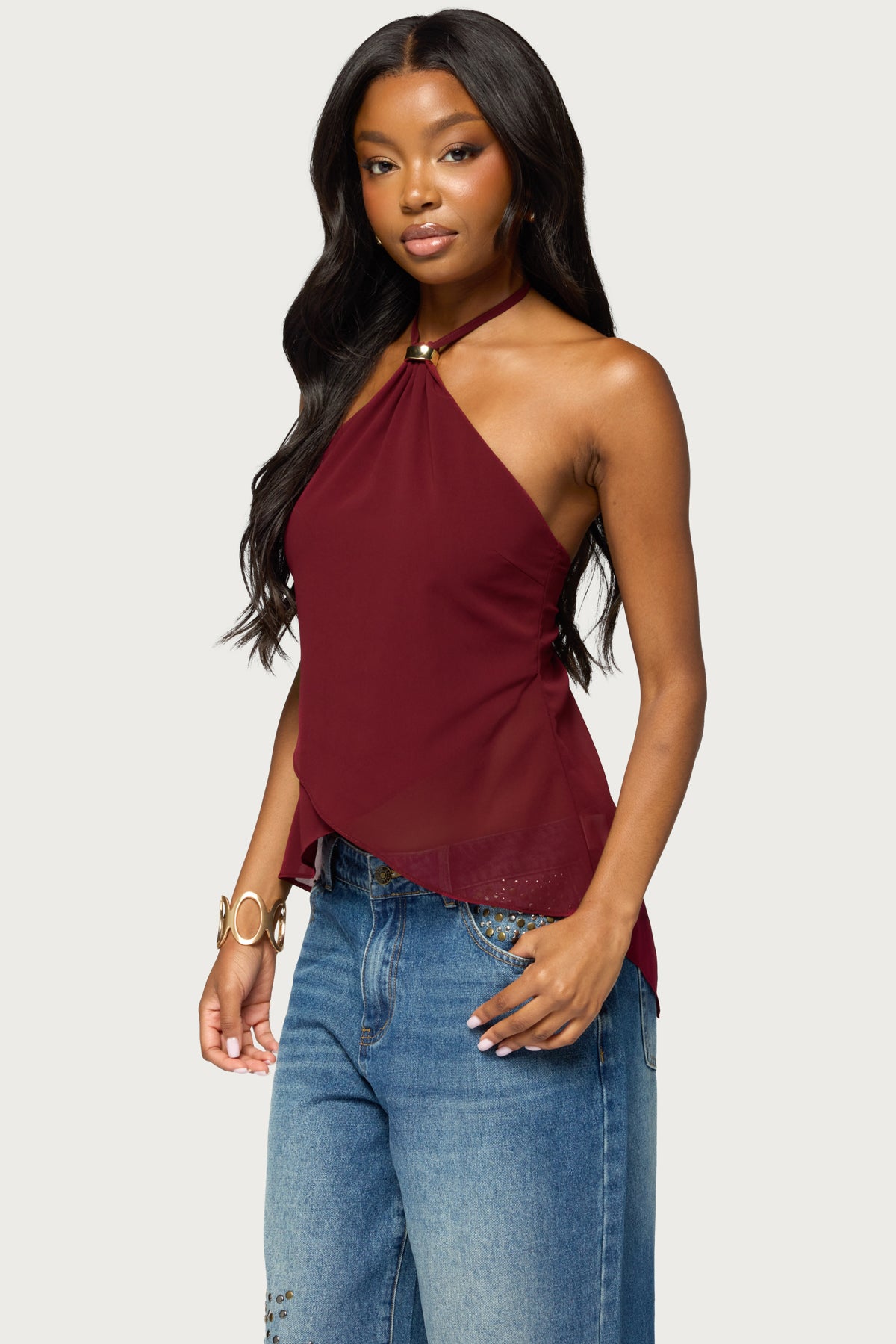 Chiffon Split Open Back Halter Top
