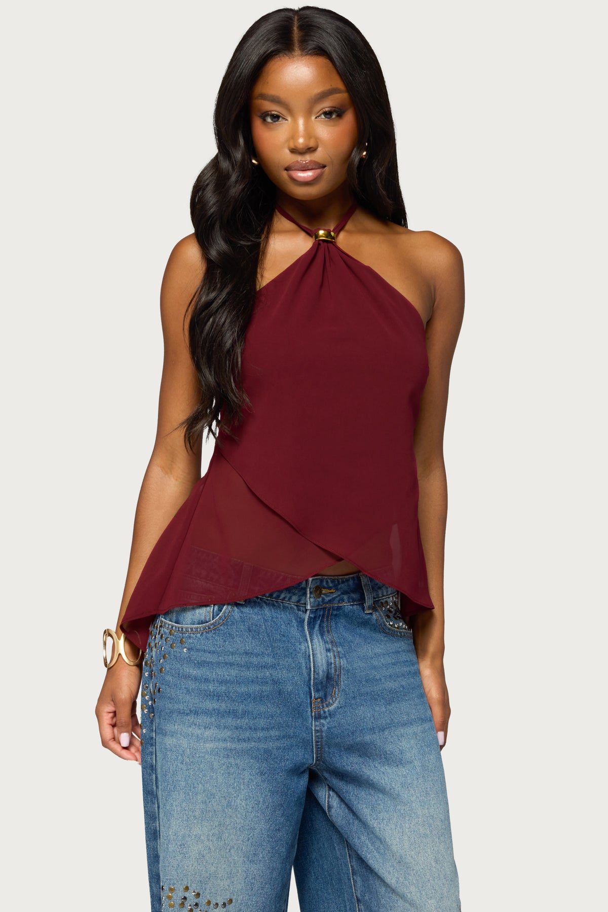 Chiffon Split Open Back Halter Top