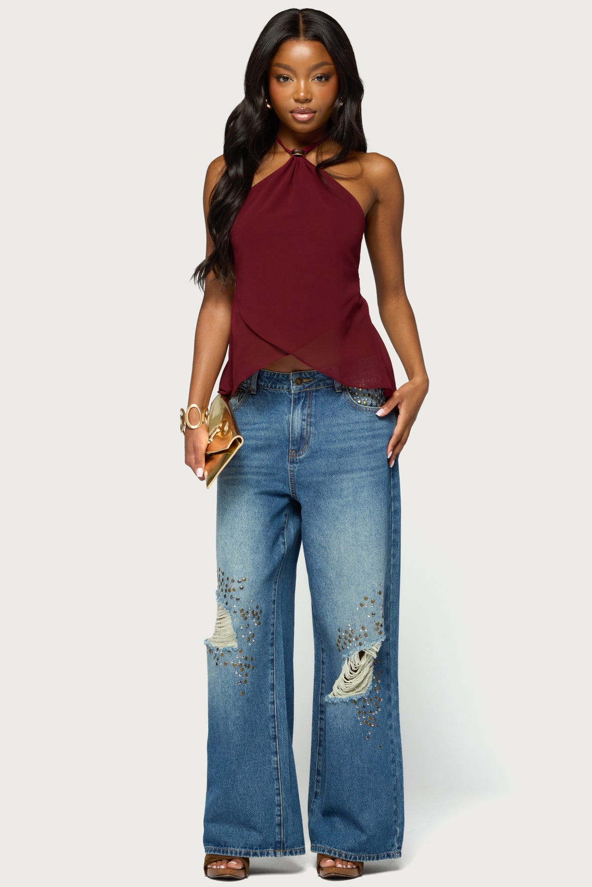 Chiffon Split Open Back Halter Top