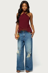 Chiffon Split Open Back Halter Top