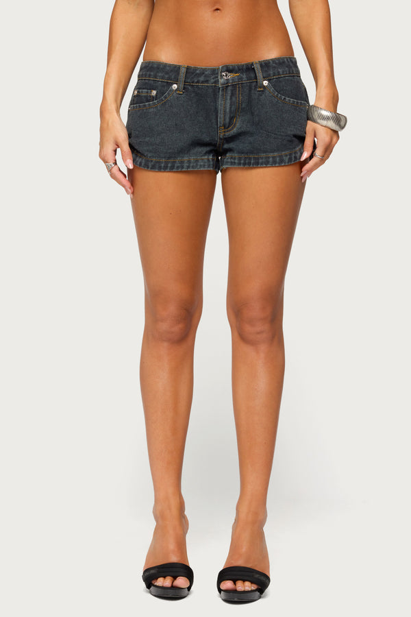 Pleated Low Rise Denim Micro Shorts