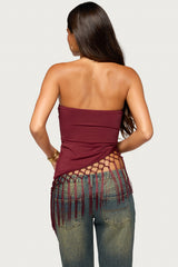 Sarika Asymmetric Fringe Strapless Top
