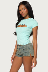 Suda Iridescent Button Cutout T Shirt