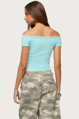 Moranne Lacey Off Shoulder Ribbed Top