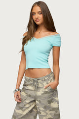 Moranne Lacey Off Shoulder Ribbed Top
