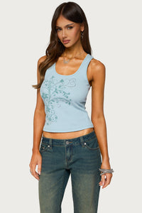 Veila Rhinestone Ribbed Graphic Tank Top