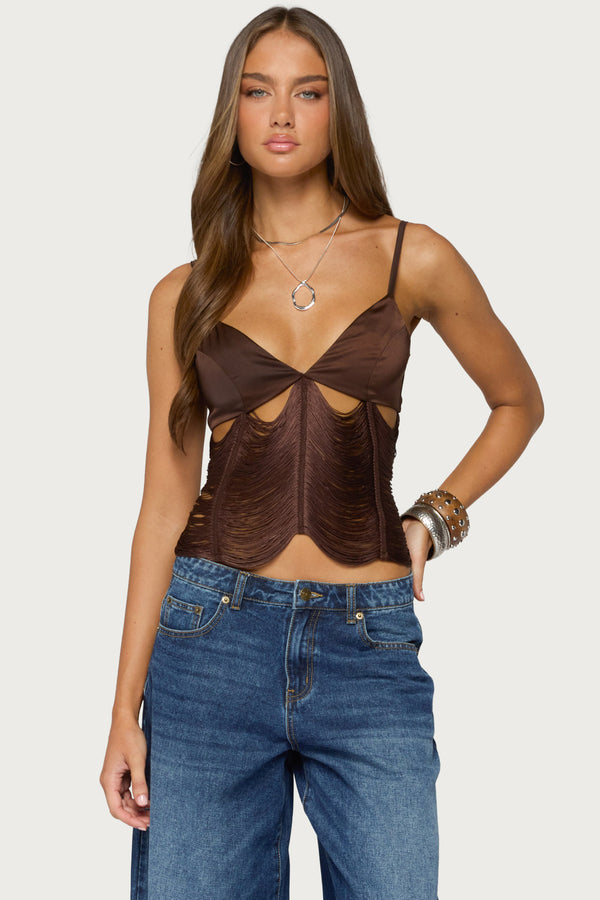 Dulcy Cutout Fringed Satin Effect Top