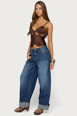 Dulcy Cutout Fringed Satin Effect Top