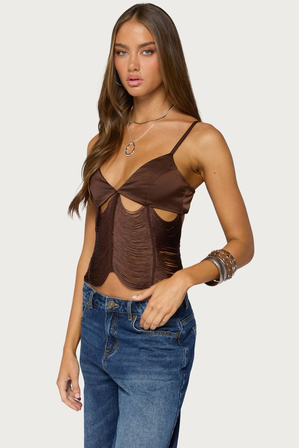 Dulcy Cutout Fringed Satin Effect Top
