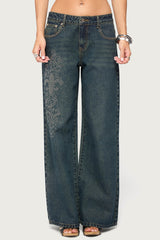 Rhinestone Graphic Low Rise Baggy Jeans