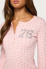 76 Rhinestone Floral Henley Top