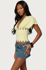 Isi Grommet Flutter Plunge Neck Top
