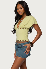 Isi Grommet Flutter Plunge Neck Top