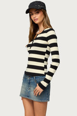 Dea Striped Long Sleeve Henley T Shirt