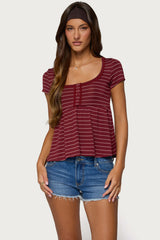 Jina Lacey Striped Babydoll Henley Top