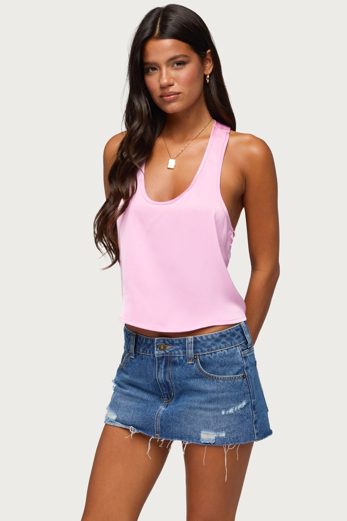 Satin Effect Backless Bead Chain Top