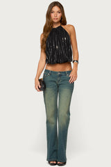 Neala Backless Sequin Chiffon Halter Top