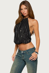 Neala Backless Sequin Chiffon Halter Top