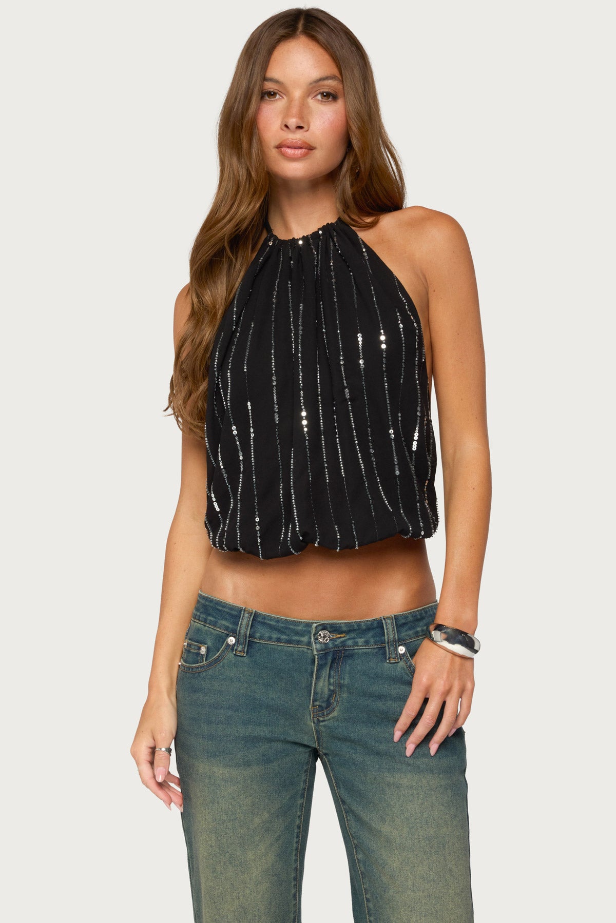 Neala Backless Sequin Chiffon Halter Top