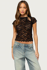 Cleoh Keyhole Sheer Lace Top