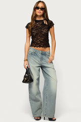 Cleoh Keyhole Sheer Lace Top