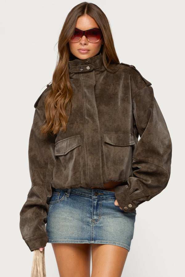 Chaya High Neck Faux Suede Jacket view 1