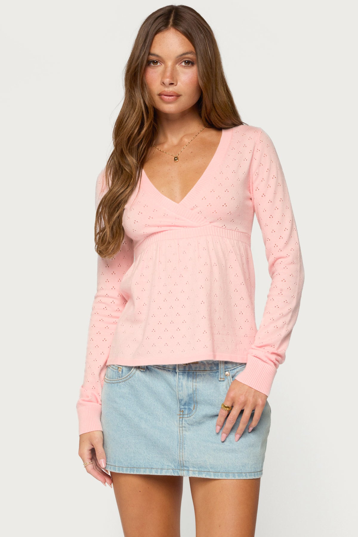 Basha Pointelle Knit V Neck Top