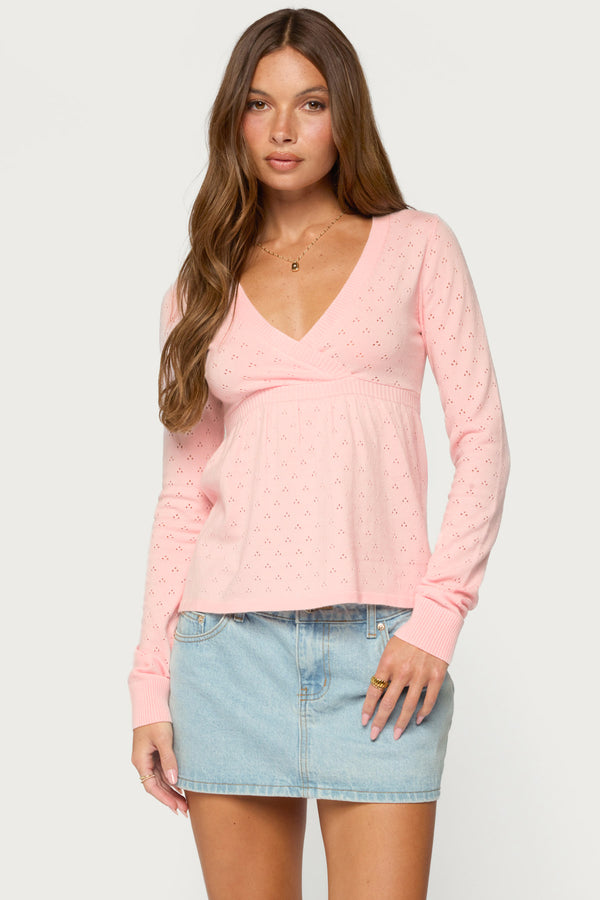Basha Pointelle Knit V Neck Top