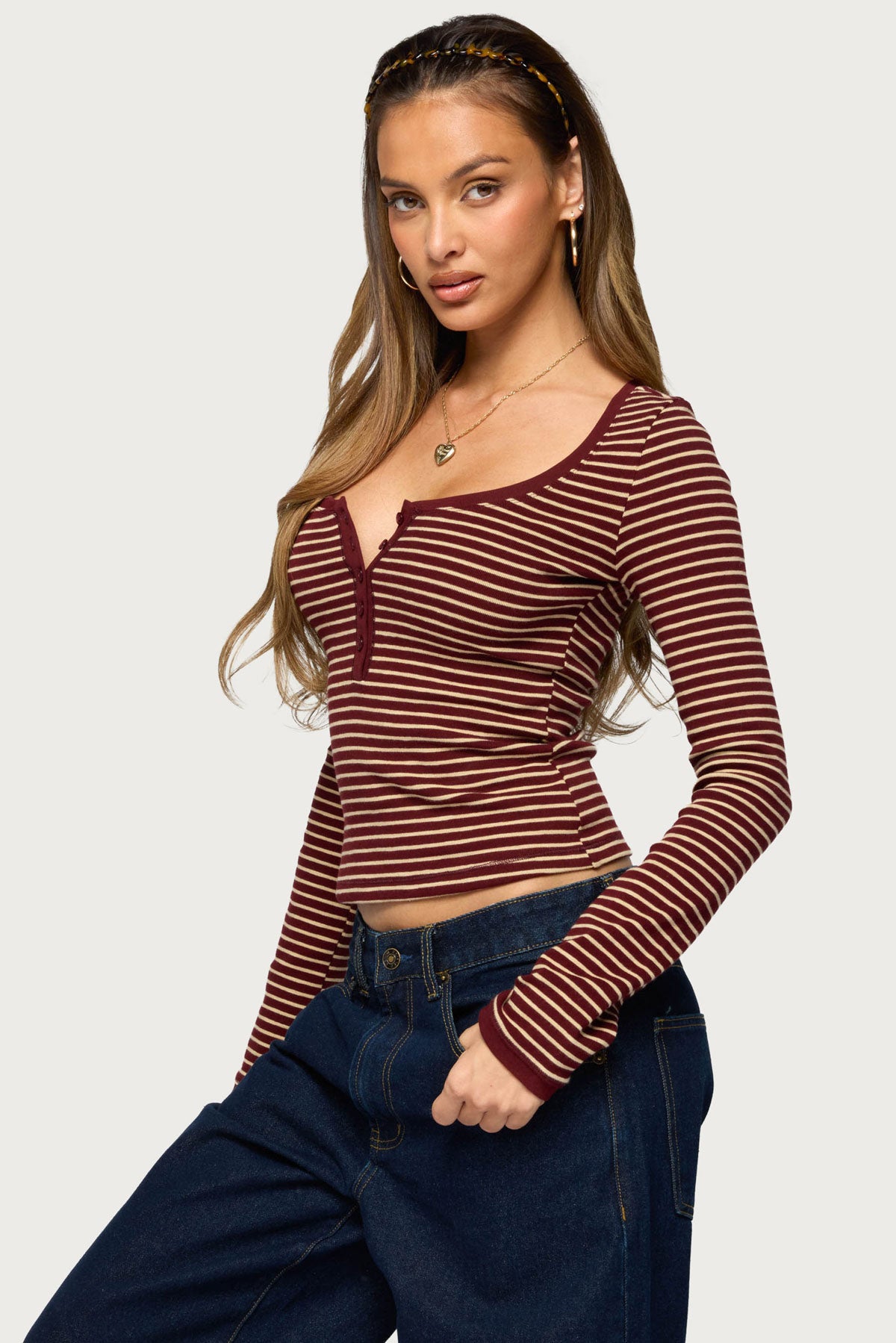 Omara Striped Contrast Henley Top