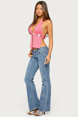 Heily Sequin Split Front Backless Top