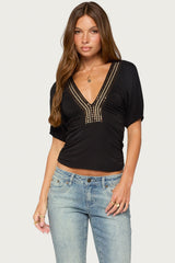 Taci Stud & Bead V Neck Top
