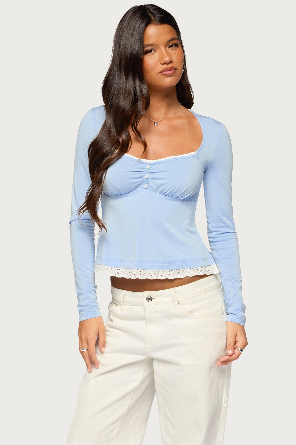 Erla Lacey Long Sleeve Babydoll Top – edikted