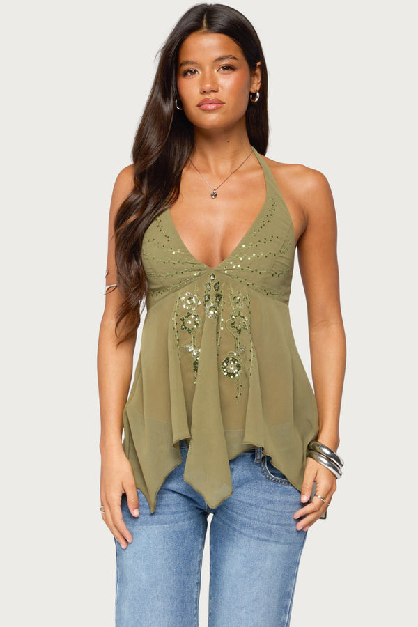 Bodie Sequin Chiffon Handkerchief Top