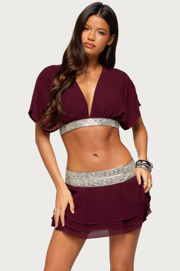 Feila Cropped Beaded Chiffon Top