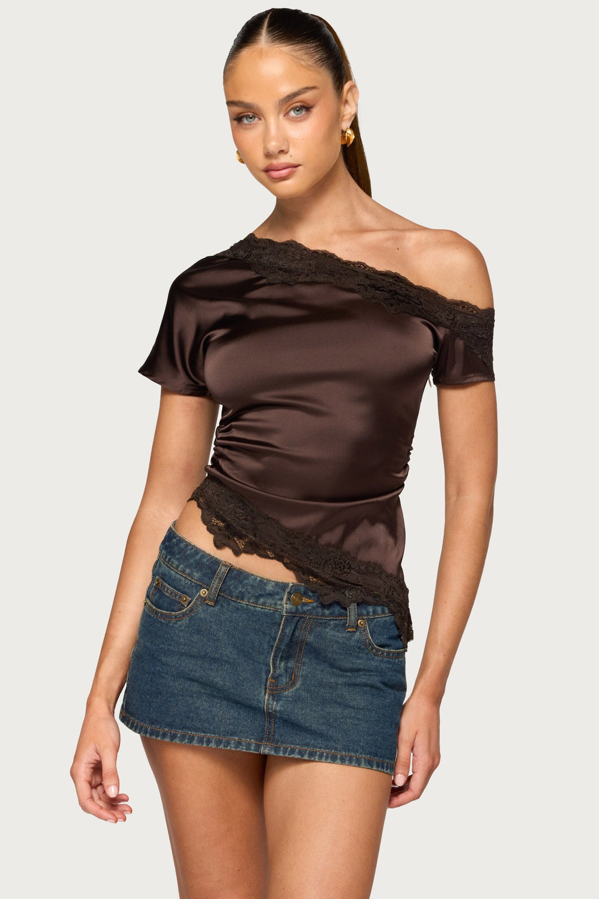 Dovie Satin Effect Lacey Off Shoulder Top