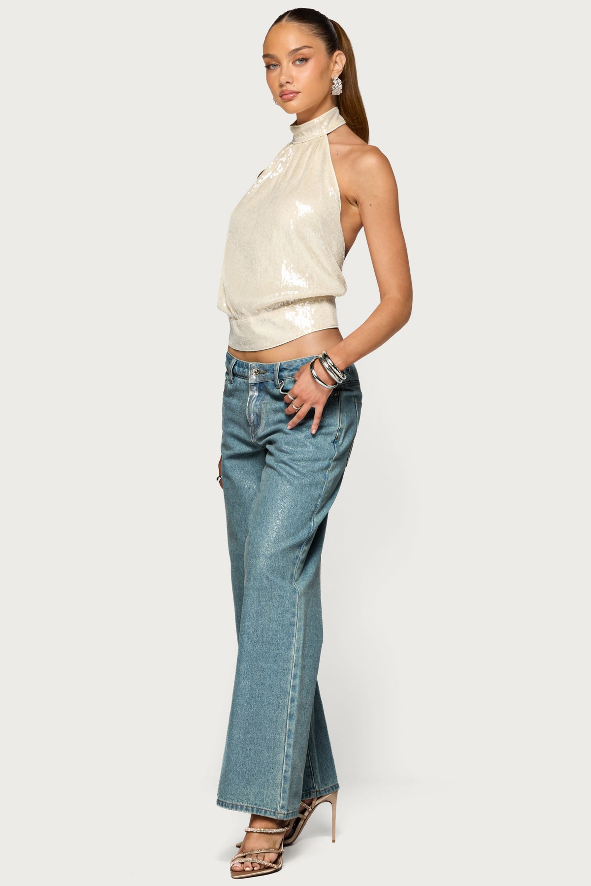 Kyley High Neck Backless Sequin Top