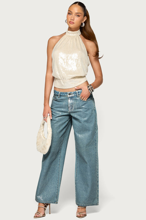 Kyley High Neck Backless Sequin Top view 2